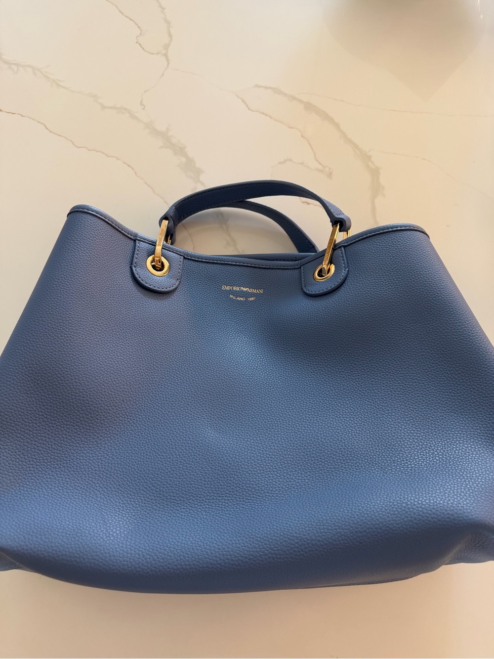 Emporio Armani Dusty Blue Pebbled Leather Tote - Picture 2 of 11